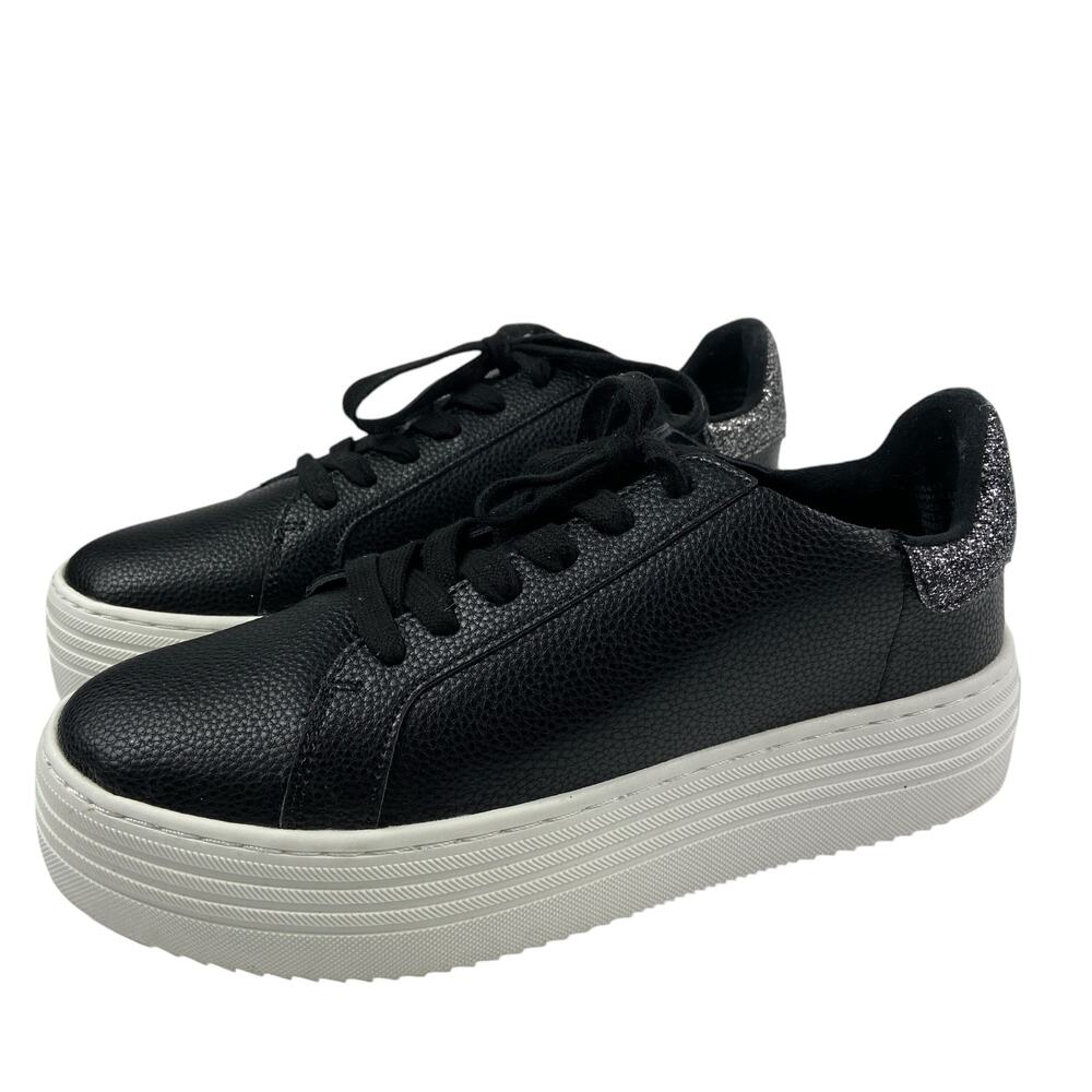 Joy Mangano Performance Black Leather Chunky Platform Sneakers Women's Size 7W